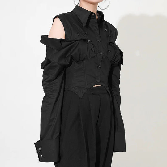 [EAM] Women Black Ways Wear Irregular Blouse New Lapel Long Sleeve Loose Fit Shirt Fashion Tide Spring Summer 2024 1DD969601