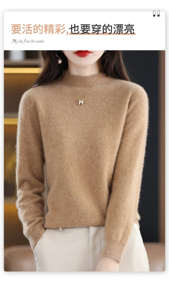 Autumn And Winter Women's Pullover 100% Pure Wool Seamless Ready-To-Wear Semi-High Collar Skin-Friendly Fashion Knitted Sweater