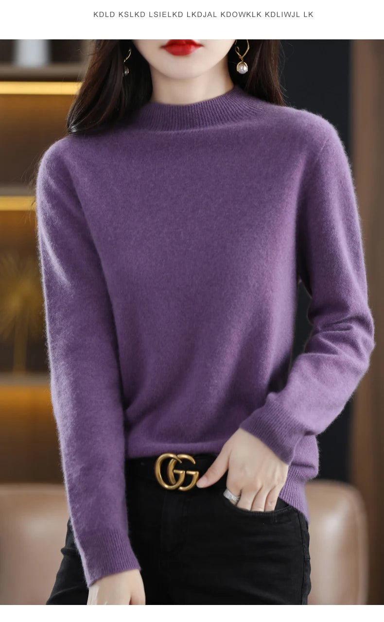 Autumn And Winter Women's Pullover 100% Pure Wool Seamless Ready-To-Wear Semi-High Collar Skin-Friendly Fashion Knitted Sweater