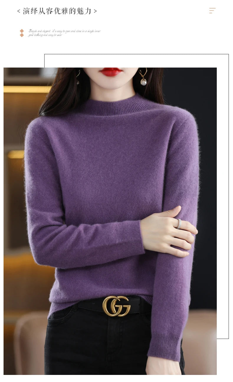 Autumn And Winter Women's Pullover 100% Pure Wool Seamless Ready-To-Wear Semi-High Collar Skin-Friendly Fashion Knitted Sweater