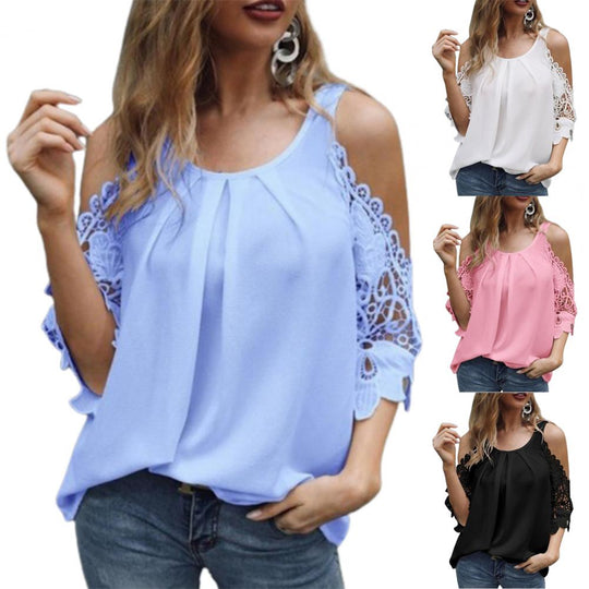 O Neck Ladies Tops Off Shoulder Hollow Lace Sleeves Blouse Summer Loose Pure Color Sexy Women Shirt Streetwear for Daily Wear