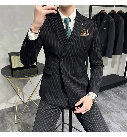 2023 Fashion New Men's Boutique Business Slim Wedding Striped Double Breasted Suit Blazers Jacket Pants Trousers Vest 3 Pcs Set