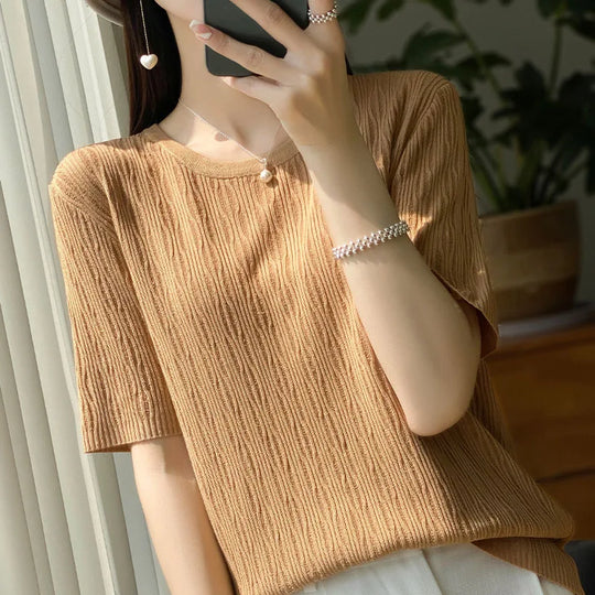 Summer Ice Silk Short Sleeve T-Shirt Female Joker Solid Color Ladies Pullover Loose Thin Round Neck Sweater To Wear Outside