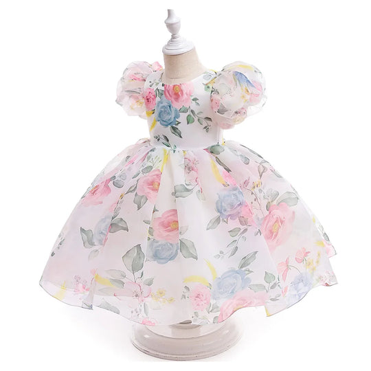 Fashion Girl White Princess Dress Tulle Puff Sleeve Wedding Party Kids Dresses for Girls Birthday Child Clothes Bridemaids Gown