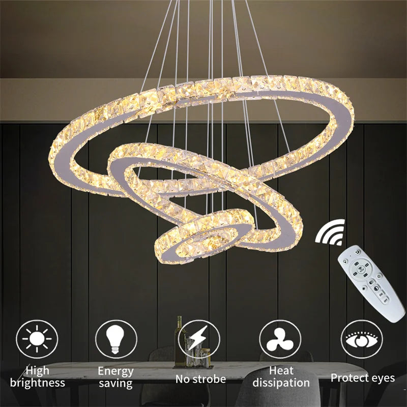 Luxury Rings Chandeliers For Dining Room Stainless Steel Modern Home Decor Hanging Lighting K9 Crystal Light Ceiling Chandeliers