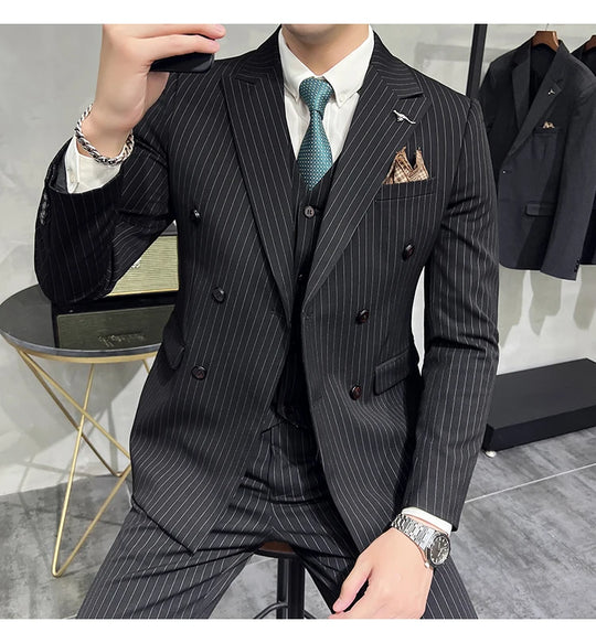 2023 Fashion New Men's Boutique Business Slim Wedding Striped Double Breasted Suit Blazers Jacket Pants Trousers Vest 3 Pcs Set