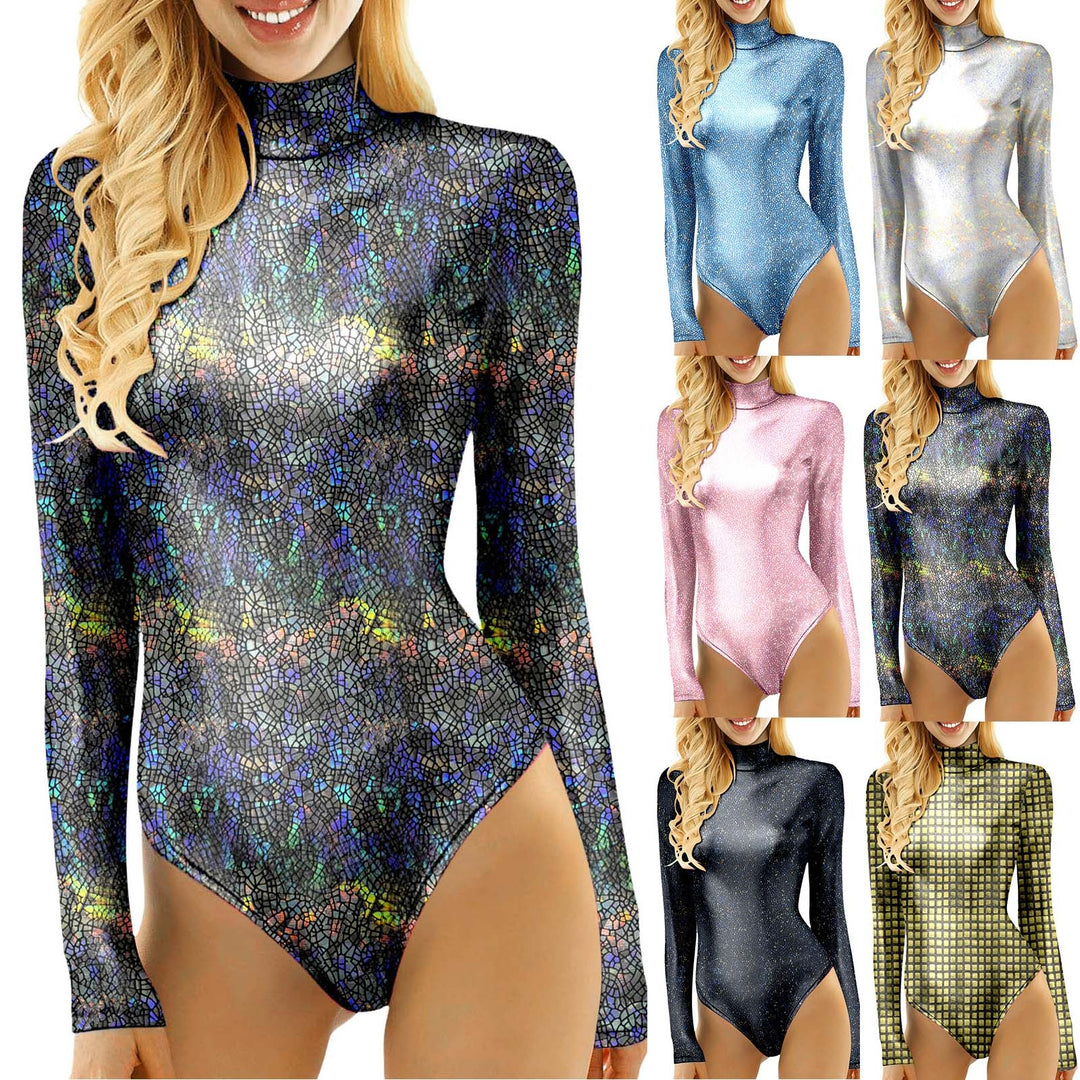 Women's Fashionable Leather Solid Color Shiny Long Sleeve Bodysuit Carnival Party Long Sleeved High Collar Performance Wear