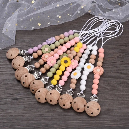 Baby Beech Wood Pacifier Silicone Flower Beaded Nipple Clips For Soother Pacifier Holder Chain Nursing Toy Shower Gift