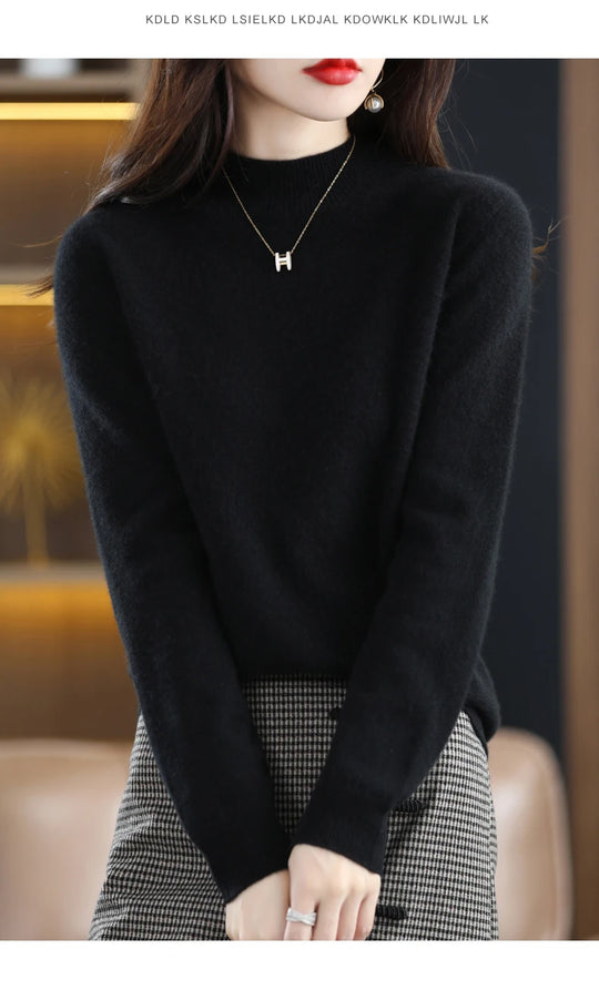 Autumn And Winter Women's Pullover 100% Pure Wool Seamless Ready-To-Wear Semi-High Collar Skin-Friendly Fashion Knitted Sweater