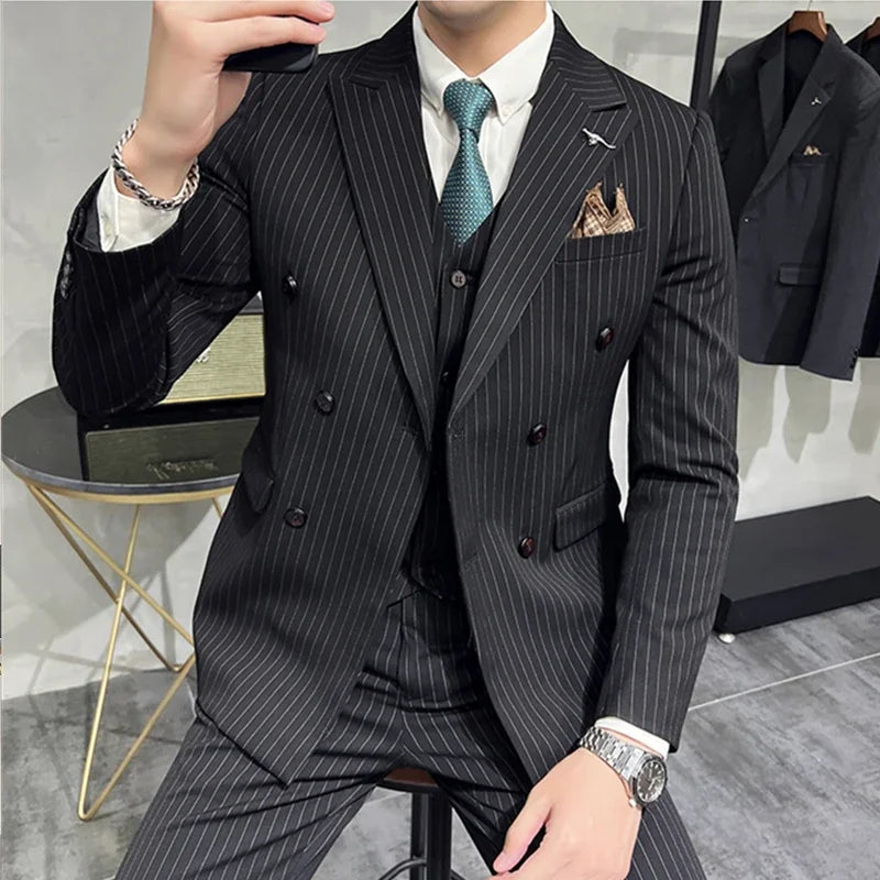 2023 Fashion New Men's Boutique Business Slim Wedding Striped Double Breasted Suit Blazers Jacket Pants Trousers Vest 3 Pcs Set