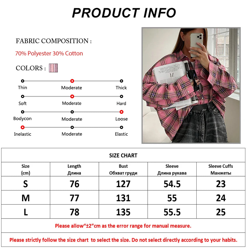 Mnealways18 Pink Plaid Shirts And Tops Women Street Wear Gingham Casual Long Sleeve Top Single-Breasted Oversize Shirt Ladies