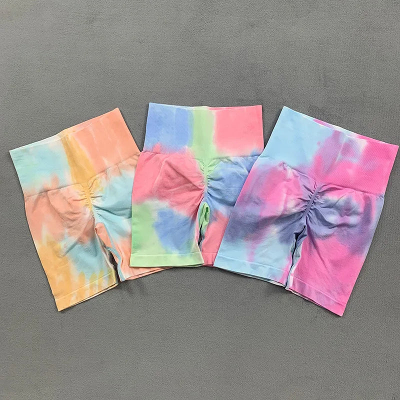 Tie Dye Two Piece Set Yoga Set Summer High Waist Stretch Gym Shorts Seamless Padded Yoga Bra Workout Suits Sports Wear Femme