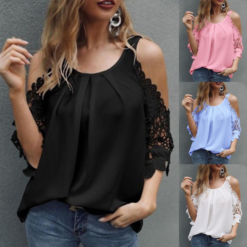 O Neck Ladies Tops Off Shoulder Hollow Lace Sleeves Blouse Summer Loose Pure Color Sexy Women Shirt Streetwear for Daily Wear