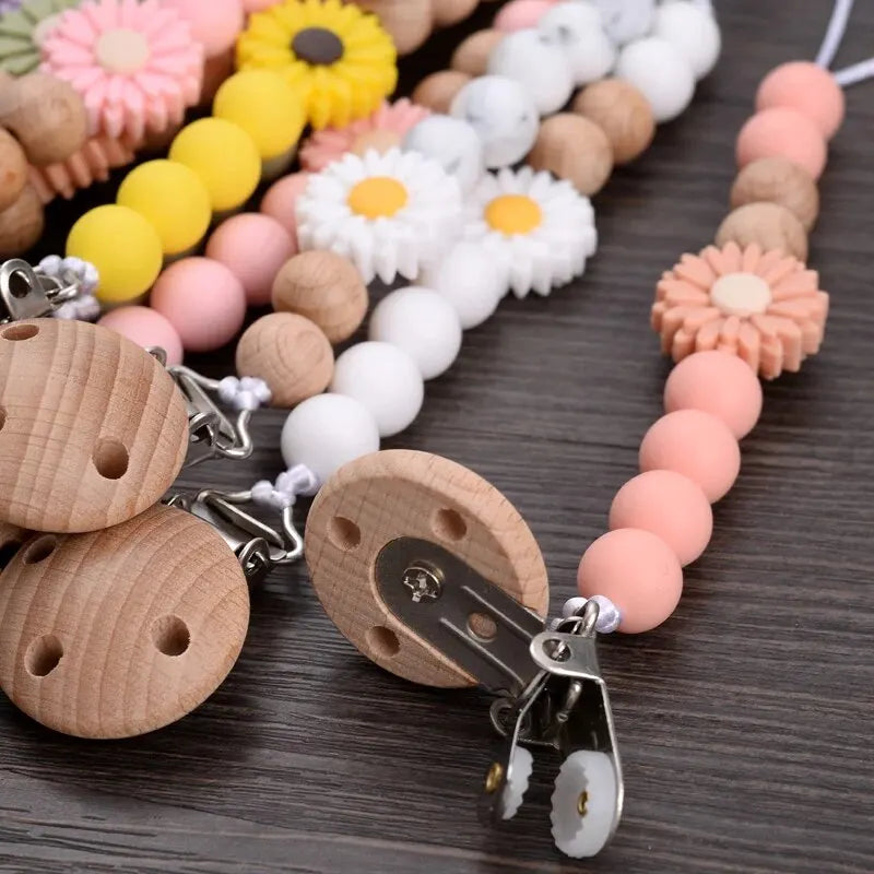 Baby Beech Wood Pacifier Silicone Flower Beaded Nipple Clips For Soother Pacifier Holder Chain Nursing Toy Shower Gift