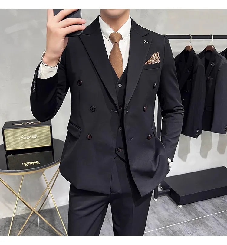 2023 Fashion New Men's Boutique Business Slim Wedding Striped Double Breasted Suit Blazers Jacket Pants Trousers Vest 3 Pcs Set