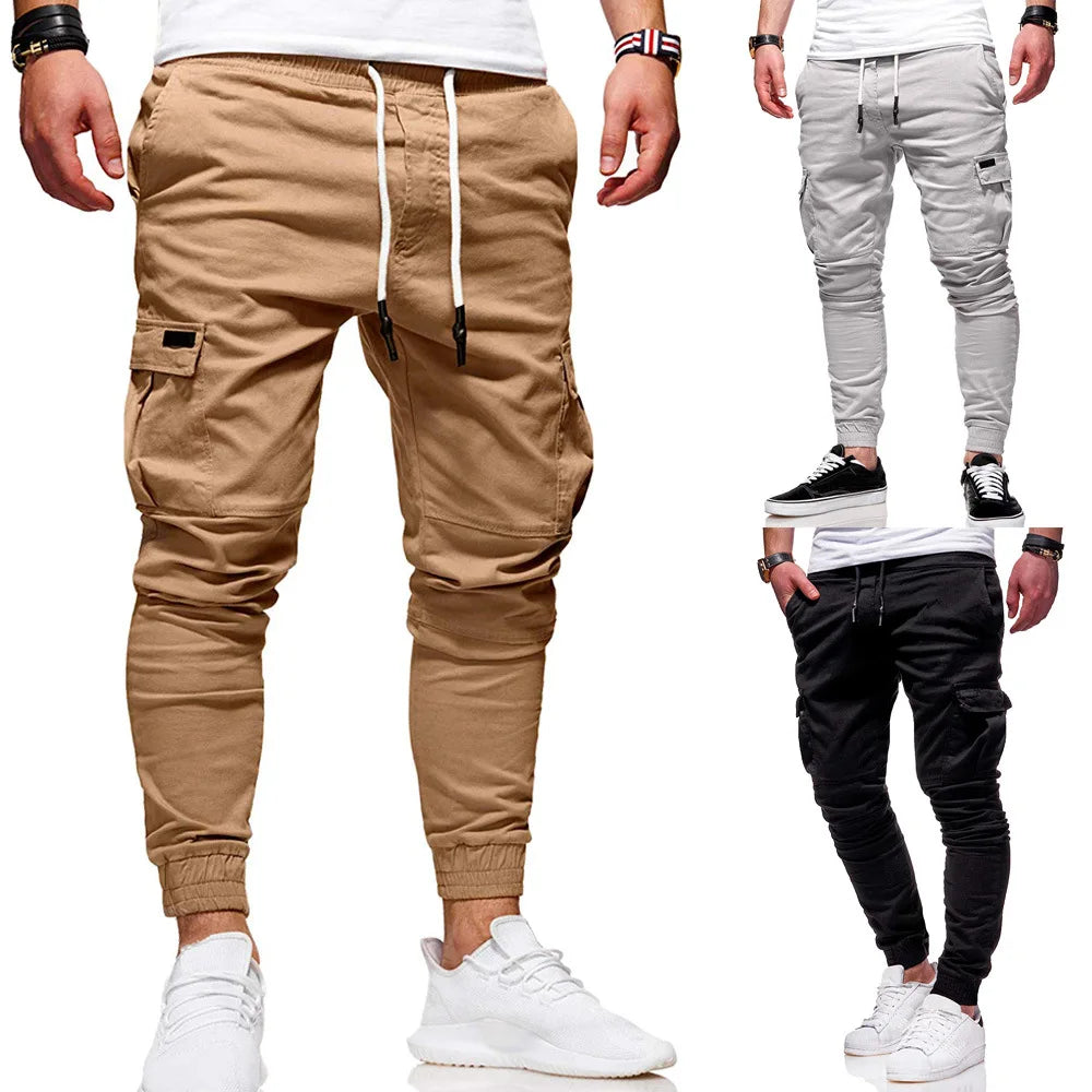 Men's Jogging Pants Denim Flip Pocket Side Drawstring Waist Overalls Leisure Elastic Sports Pants Training Tactical Pants