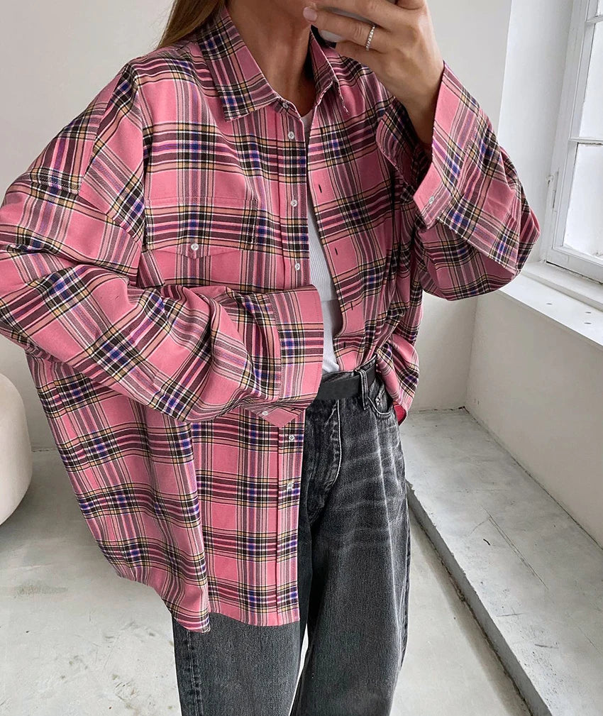 Mnealways18 Pink Plaid Shirts And Tops Women Street Wear Gingham Casual Long Sleeve Top Single-Breasted Oversize Shirt Ladies