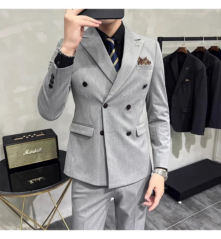 2023 Fashion New Men's Boutique Business Slim Wedding Striped Double Breasted Suit Blazers Jacket Pants Trousers Vest 3 Pcs Set