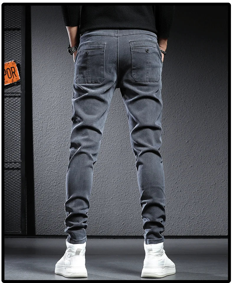 Autumn winter 2022 elastic waist thicken fleece jeans for men Slim fit small feet Korean fashion casual pants for men Long pants