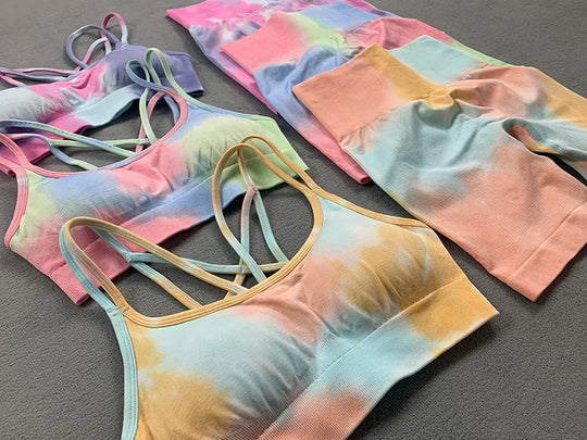 Tie Dye Two Piece Set Yoga Set Summer High Waist Stretch Gym Shorts Seamless Padded Yoga Bra Workout Suits Sports Wear Femme