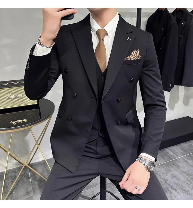 2023 Fashion New Men's Boutique Business Slim Wedding Striped Double Breasted Suit Blazers Jacket Pants Trousers Vest 3 Pcs Set