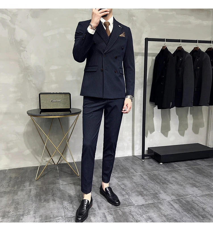 2023 Fashion New Men's Boutique Business Slim Wedding Striped Double Breasted Suit Blazers Jacket Pants Trousers Vest 3 Pcs Set