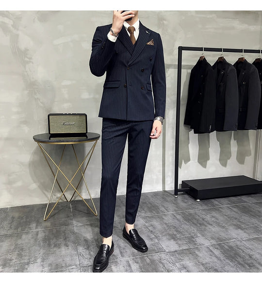 2023 Fashion New Men's Boutique Business Slim Wedding Striped Double Breasted Suit Blazers Jacket Pants Trousers Vest 3 Pcs Set