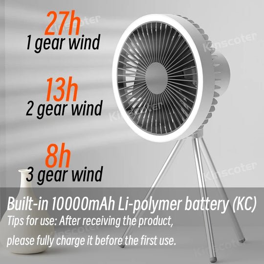 10000mAh Camping Fan Rechargeable Desktop Portable Air Circulator Wireless Ceiling Electric Fan with Power Bank LED Light Tripod