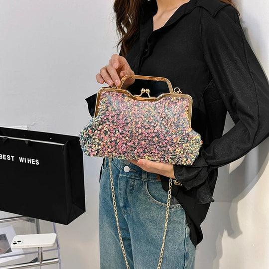 LEFTSIDE Sequin Crossbody Bags for Women 2023 Luxury Designer Fashion Party Handbags Trend Chain Cluth