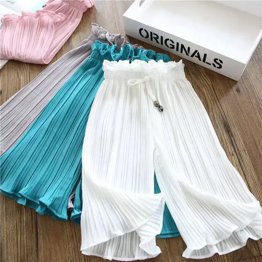 Childen's Girls Summer Ice Silk Wide Leg Pants Baby Fashion Lace Chiffon Waist Flare Trousers Kids Girl Loose Buttom Clothes