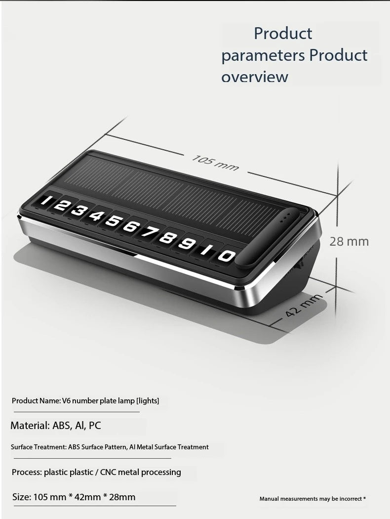 Solar Car Phone Number Plate Led Lighting Temporary Parking Card Hidden Plates Car Park Stop Multiple Number Parking Gadgets