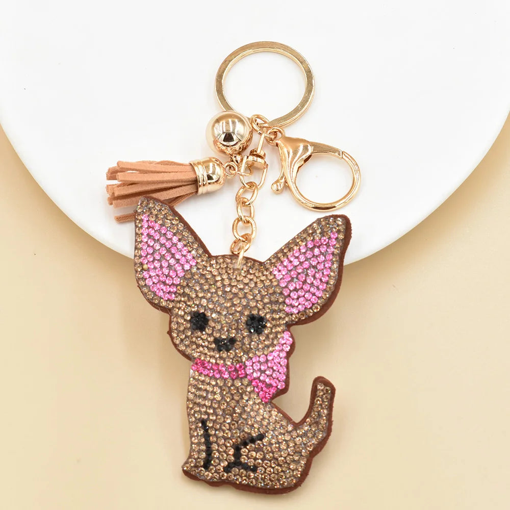 YLWHJJ Brand new Cute Rhinestone Cat Keychain For Women Bag Pendant Tassel kitten Dogs fish Key chain Fashion Jewelry key ring