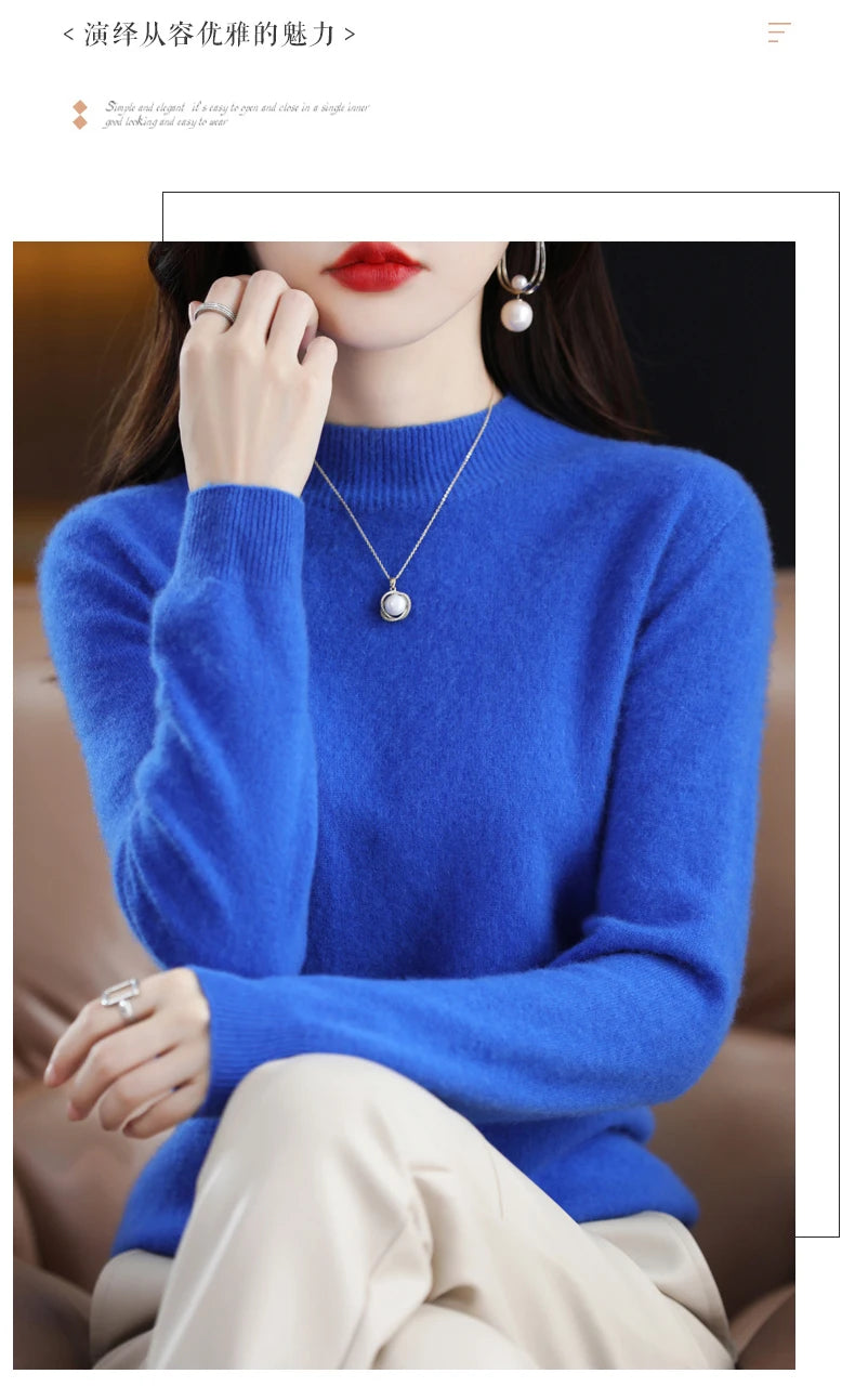 Autumn And Winter Women's Pullover 100% Pure Wool Seamless Ready-To-Wear Semi-High Collar Skin-Friendly Fashion Knitted Sweater