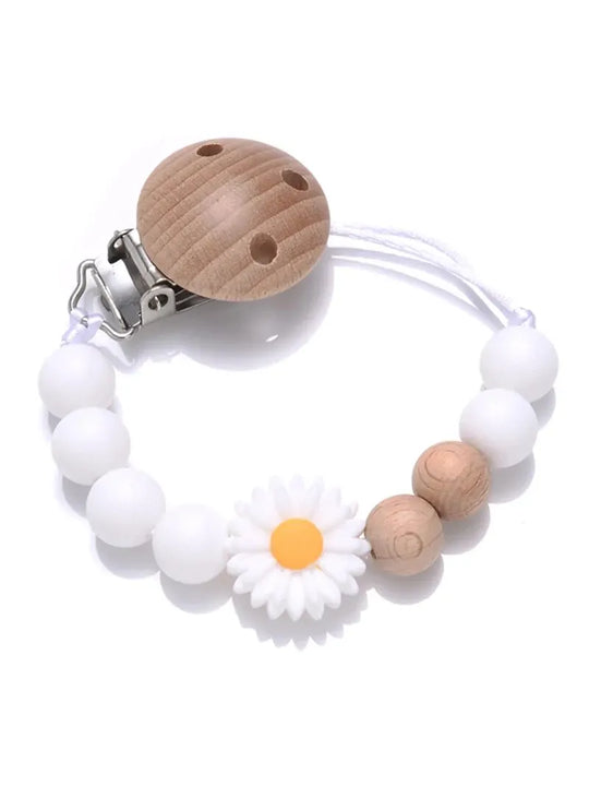 Baby Beech Wood Pacifier Silicone Flower Beaded Nipple Clips For Soother Pacifier Holder Chain Nursing Toy Shower Gift