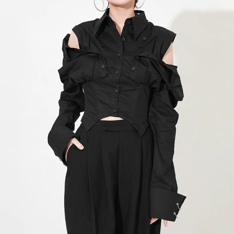 [EAM] Women Black Ways Wear Irregular Blouse New Lapel Long Sleeve Loose Fit Shirt Fashion Tide Spring Summer 2024 1DD969601