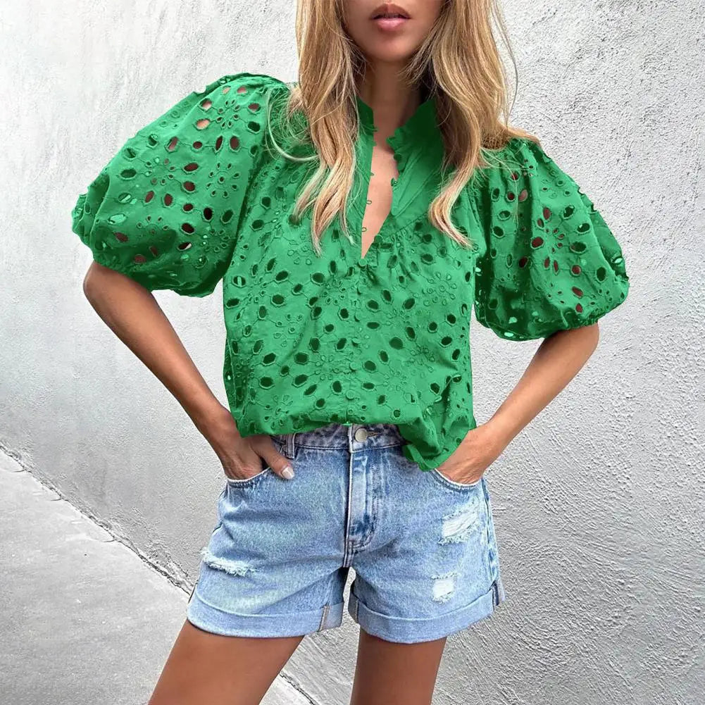 Eyelet Embroidered Shirt White Lace Blouse Hollow Out Loose Fit Top Wear Women's Summer Clothing