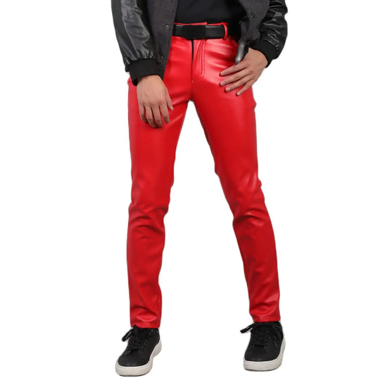 Bright Green Biker Leather Pants Men's Fashion Slim Stretch PU Pants Red Blue Black Gray Men Pant Plus Size 28-36 38 40