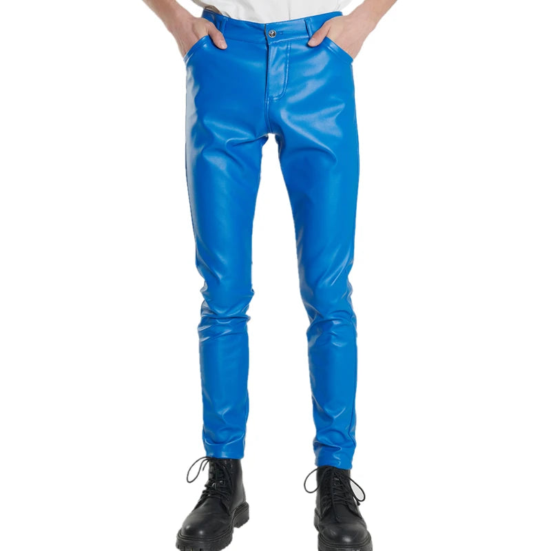 Bright Green Biker Leather Pants Men's Fashion Slim Stretch PU Pants Red Blue Black Gray Men Pant Plus Size 28-36 38 40