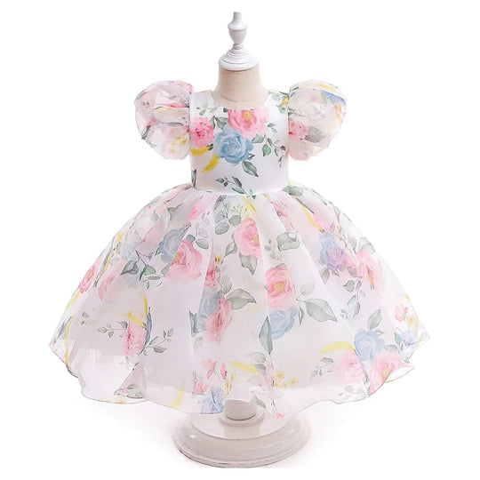 Fashion Girl White Princess Dress Tulle Puff Sleeve Wedding Party Kids Dresses for Girls Birthday Child Clothes Bridemaids Gown