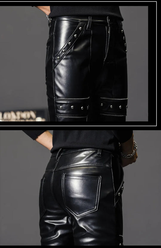 2024 New Winter Spring Mens Skinny Biker Leather Pants Fashion Faux Leather Motorcycle Trousers for Male Trouser Stage Club Wear