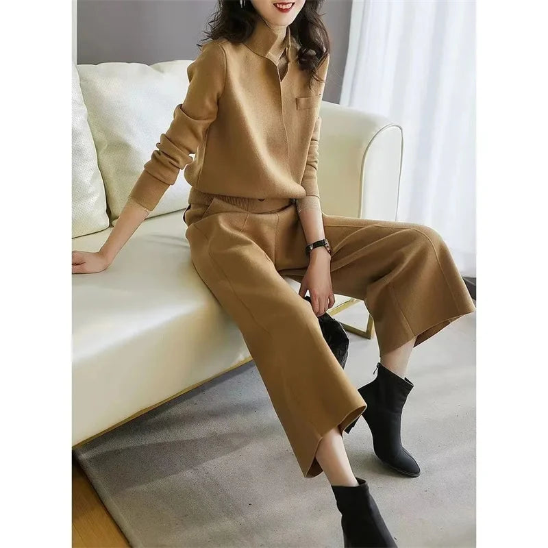 High Quality Autumn Wear With Complete Set 2023 New Fashion Lady Jacket Skirt Winter Knit Two-Piece Set Sweater+Pant Suits Navy