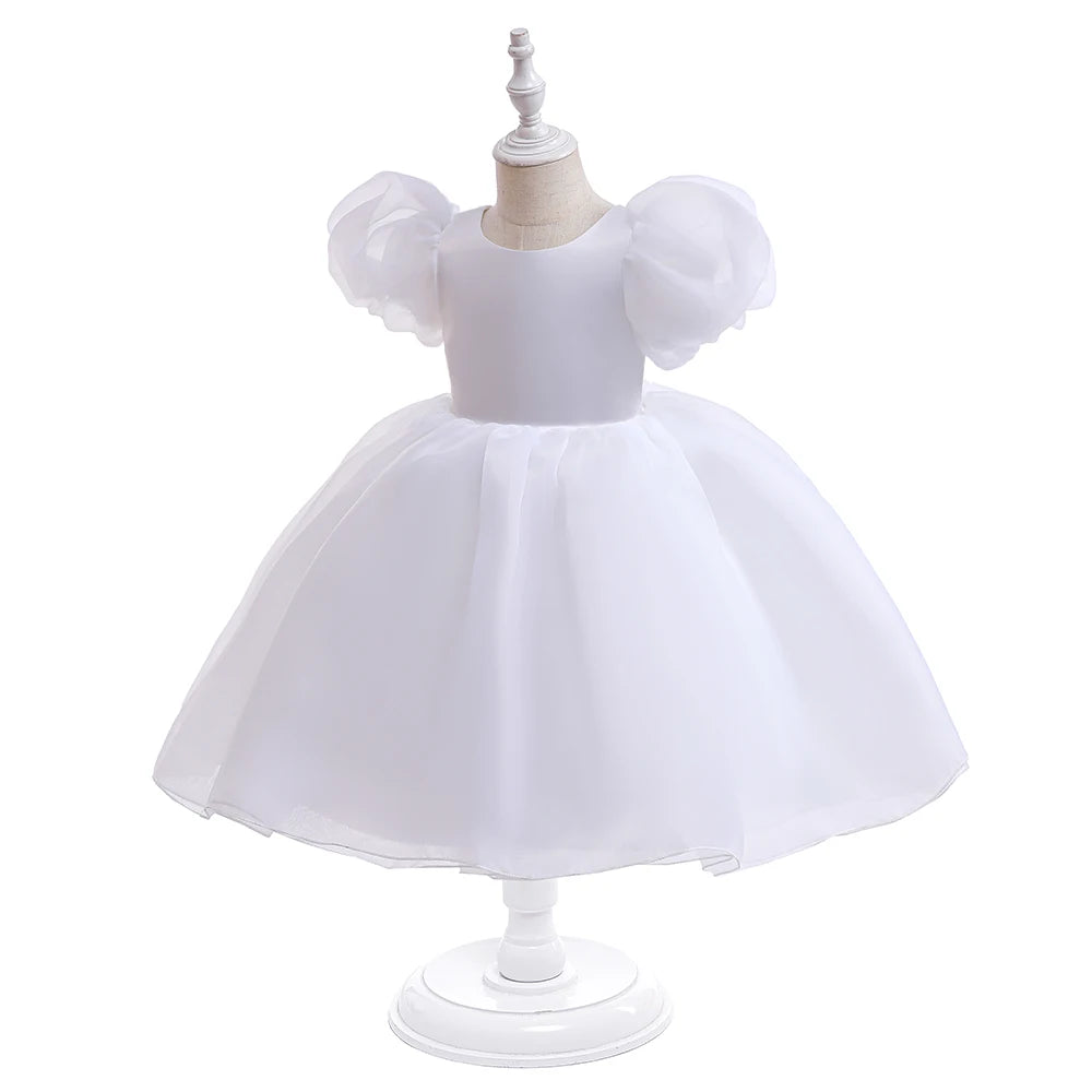 Fashion Girl White Princess Dress Tulle Puff Sleeve Wedding Party Kids Dresses for Girls Birthday Child Clothes Bridemaids Gown