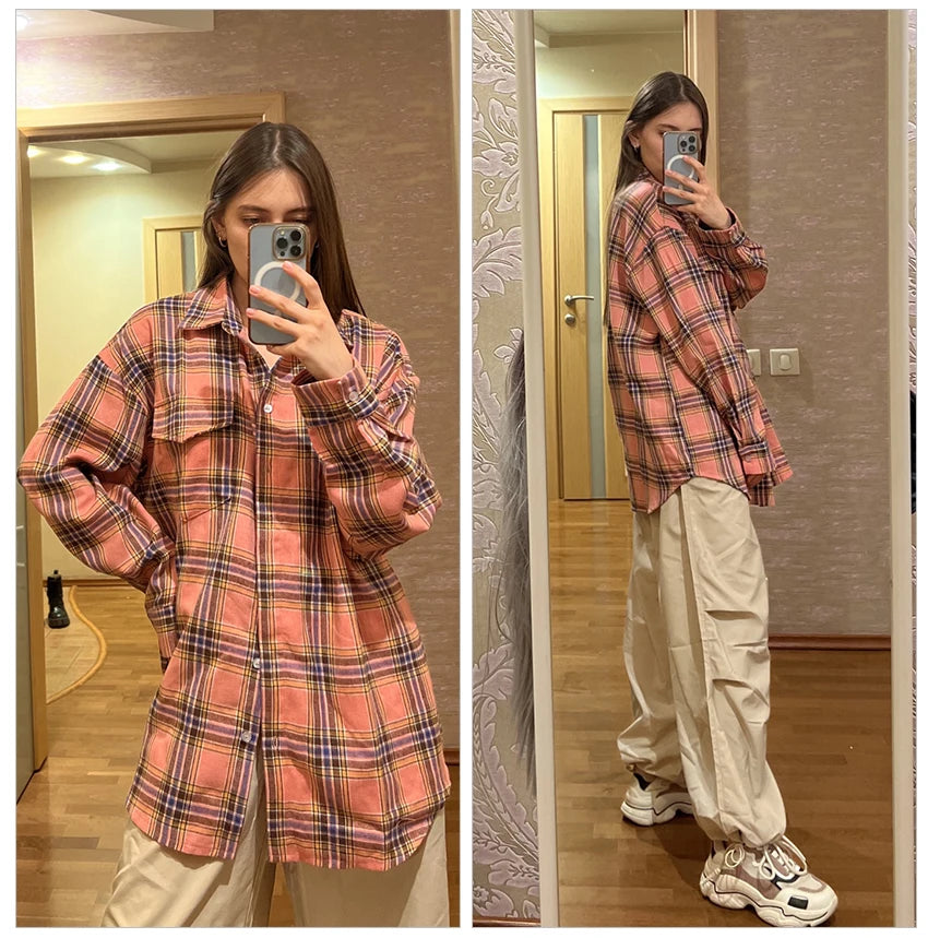 Mnealways18 Pink Plaid Shirts And Tops Women Street Wear Gingham Casual Long Sleeve Top Single-Breasted Oversize Shirt Ladies