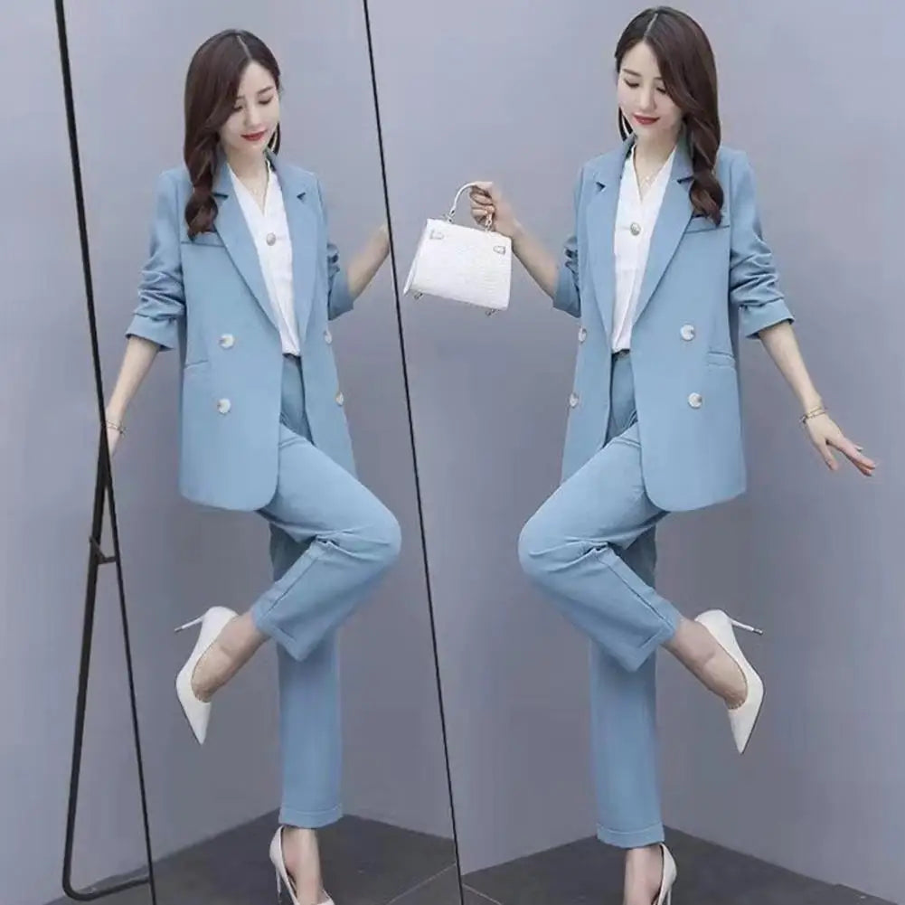 Women Business Suit Elegant Women's Business Suit Set with Double-breasted Coat High Waist Pants for Formal Office Wear Commute