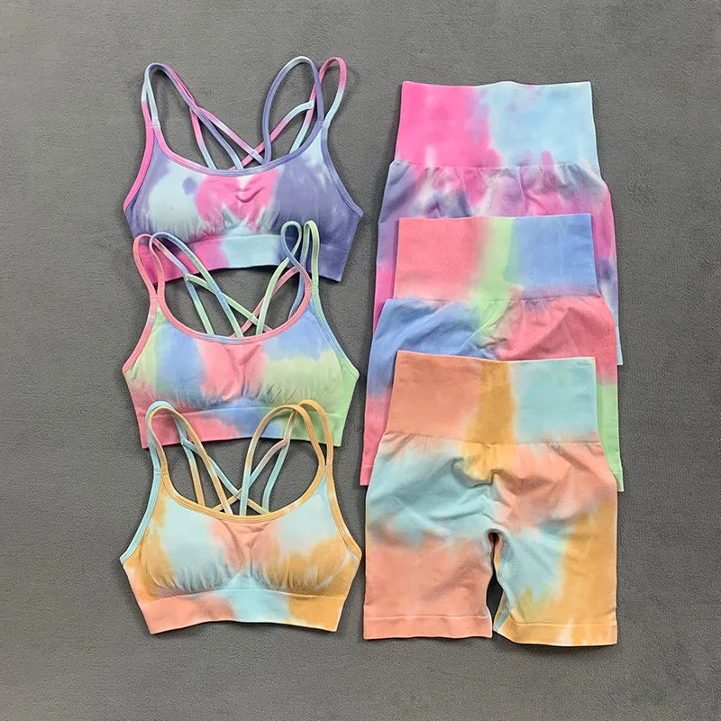 Tie Dye Two Piece Set Yoga Set Summer High Waist Stretch Gym Shorts Seamless Padded Yoga Bra Workout Suits Sports Wear Femme