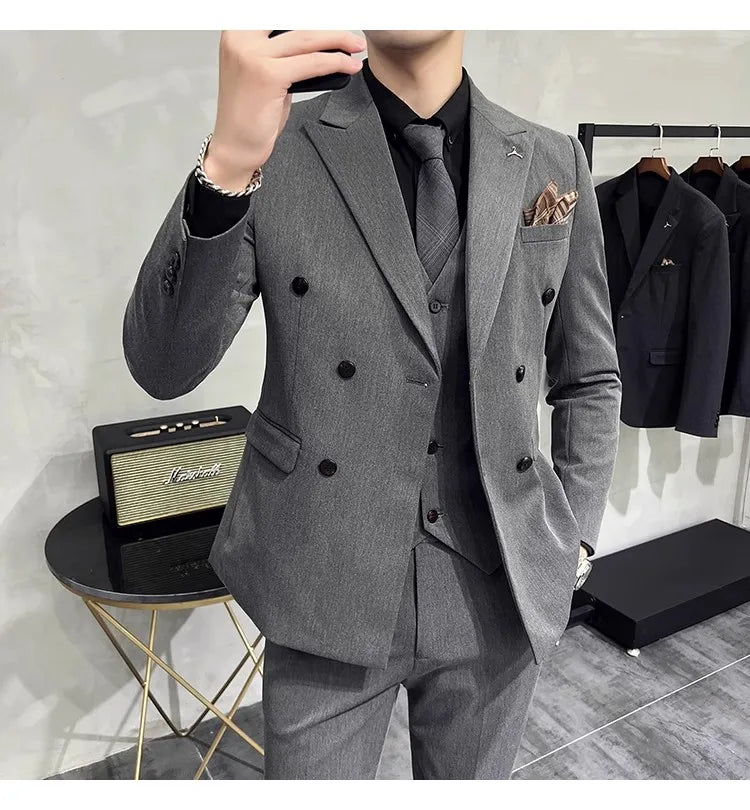 2023 Fashion New Men's Boutique Business Slim Wedding Striped Double Breasted Suit Blazers Jacket Pants Trousers Vest 3 Pcs Set