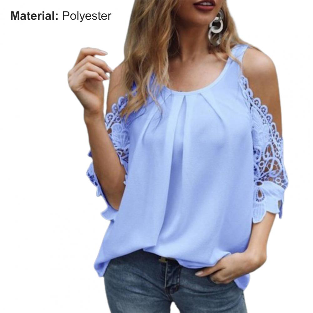 O Neck Ladies Tops Off Shoulder Hollow Lace Sleeves Blouse Summer Loose Pure Color Sexy Women Shirt Streetwear for Daily Wear