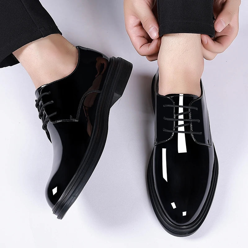 FUQIAO New Men 6/8cm Derby Shoes Patent Leather Height Increase Men Dress Shoes Formal Elevator Business Lift Shoes Bright Upper