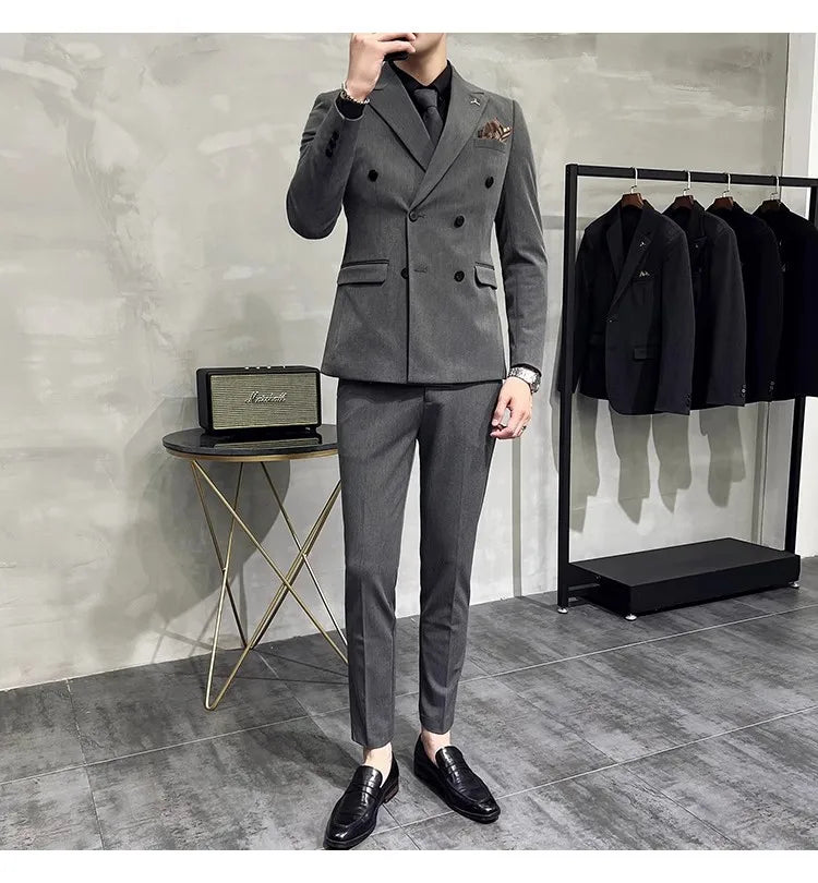 2023 Fashion New Men's Boutique Business Slim Wedding Striped Double Breasted Suit Blazers Jacket Pants Trousers Vest 3 Pcs Set