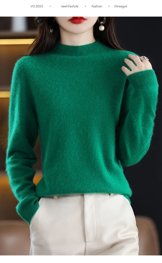 Autumn And Winter Women's Pullover 100% Pure Wool Seamless Ready-To-Wear Semi-High Collar Skin-Friendly Fashion Knitted Sweater